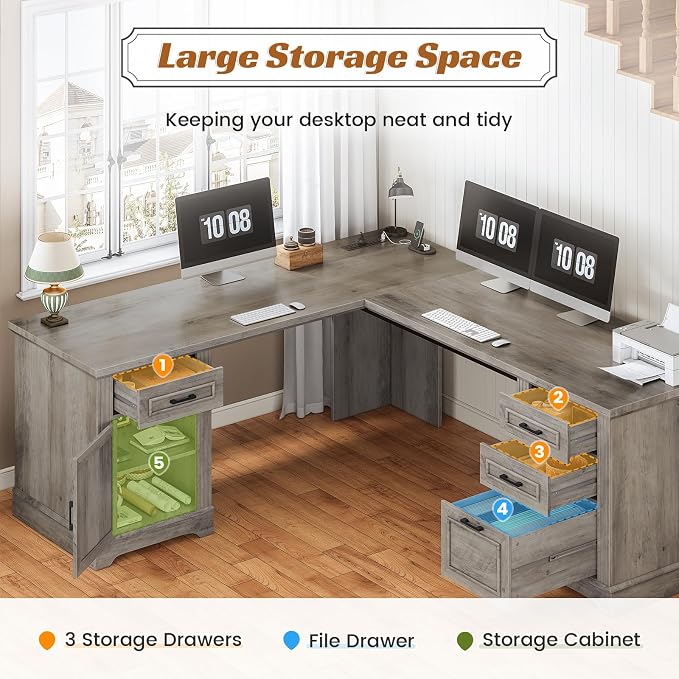 SEDETA 69" L Shaped Desk with Drawers and Storage, Farmhouse Computer Desk with - Image 7