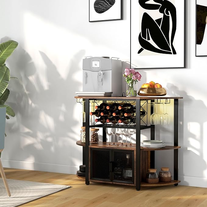 HOMCOM Wine Bar Cabinet with Charging Station and LED Lights, Industrial Liquor - Image 2