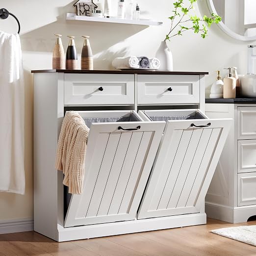 IFGET Double Tilt Out Trash Cabinet, 20 Gallon Farmhouse Laundry Hamper Cabinet - Image 6