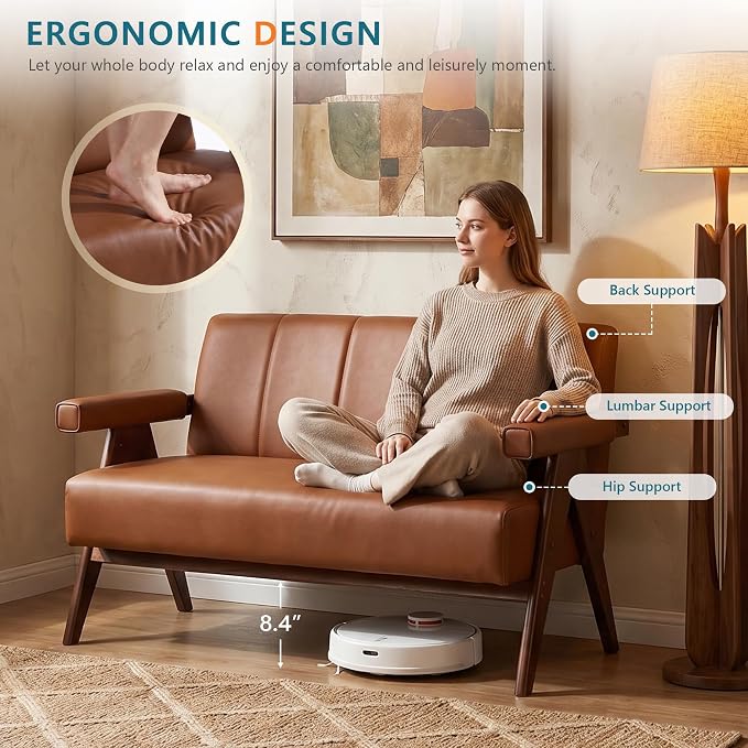 STHOUYN Brown Leather Loveseat Sofa and Accent Chairs Set of 2, Mid-Century - Image 5