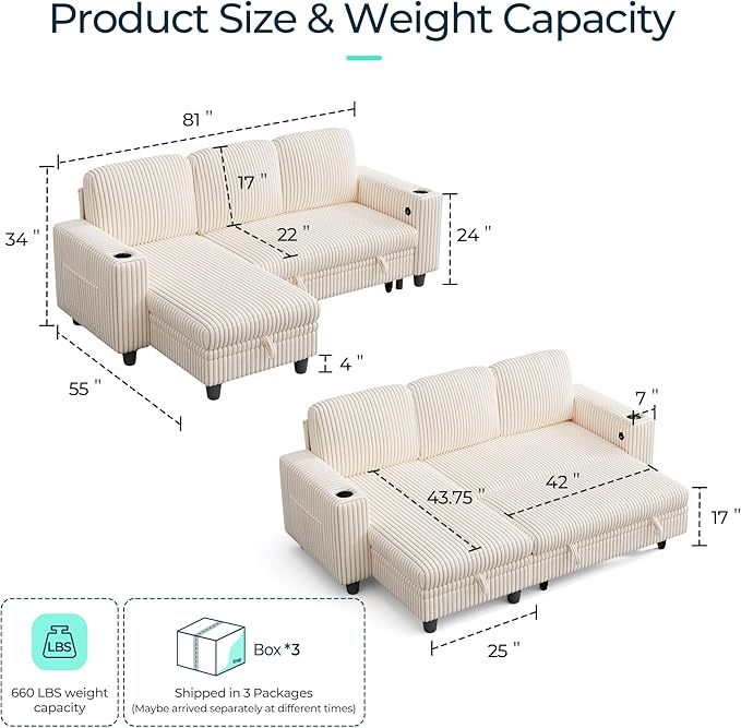 LINSY HOME Sectional Sleeper Sofa Pull Out Couches - Image 2