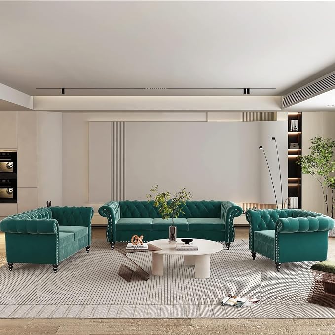 Chesterfield 3 Seater Sofa, Modern Velvet Tufted Couch 3 Seater - Image 5