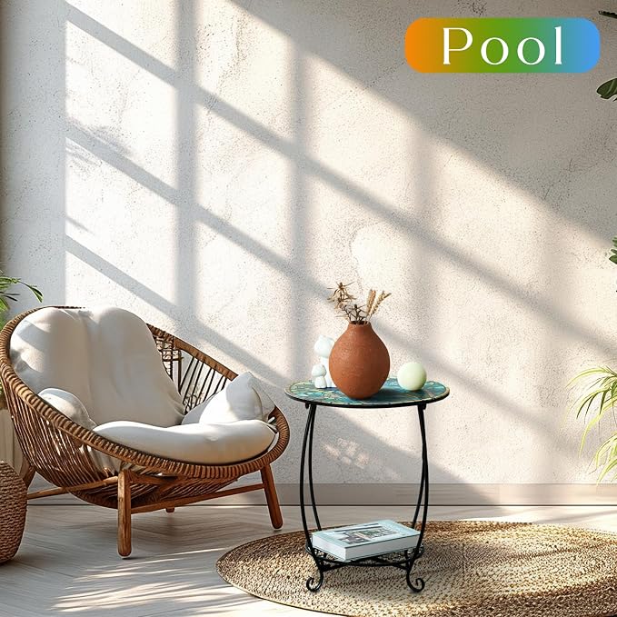 Cinnvoice Outdoor Side Table Round Small Mosaic Patio Accent Indoor End Plant - Image 5