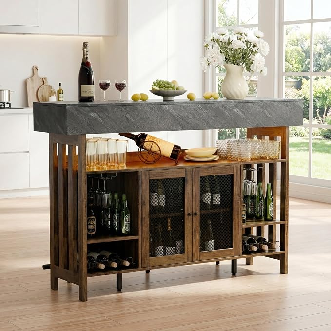 4-Tier Home Bar Unit, 63-Inch Wooden & Dark Gray Marble Bar Cabinet, LED Liquor - Image 3