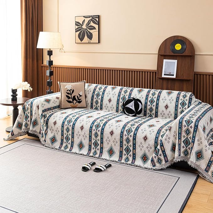 VClife Bohemian Couch Cover, Vintage Moroccan Tribal Geometric Chenille Couch - Image 3