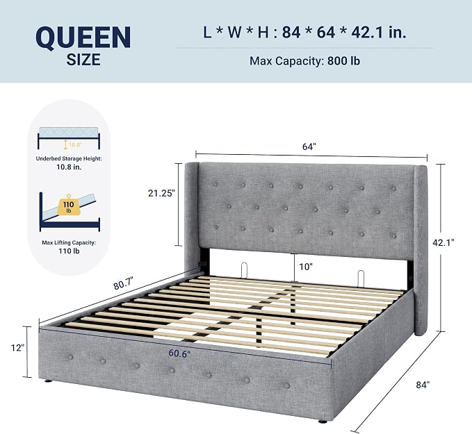 Allewie Queen Size Lift Up Storage Bed, Button Tufted Headboard - Image 2