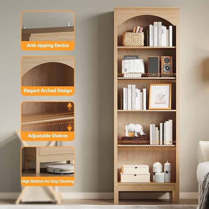 Arched Set of 2 Bookshelf with 5 Tier Open Shelves, Living Room, Natural Oak - Image 4