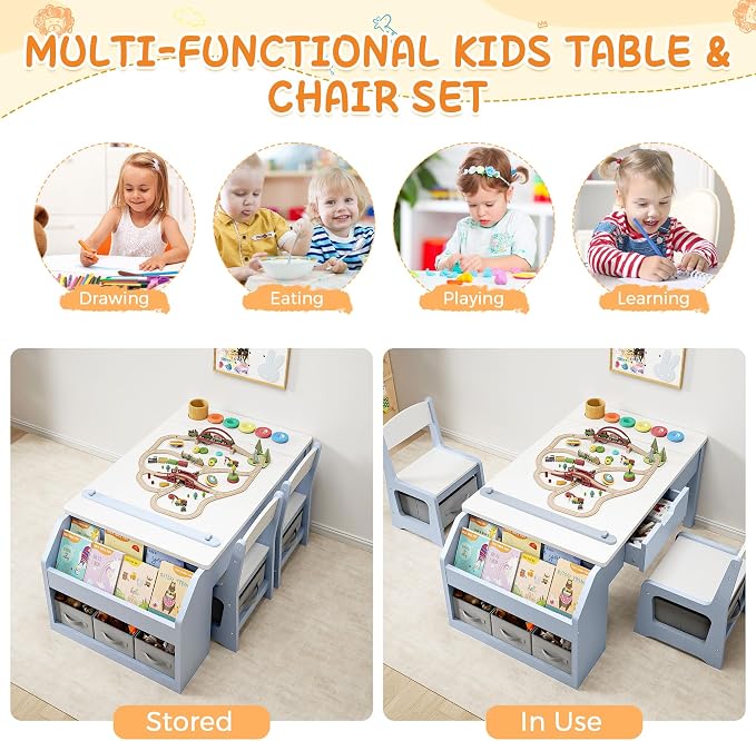 5-in-1 Kids Art Table and Chairs, Wood Toddler Table and Chair Set - Image 7