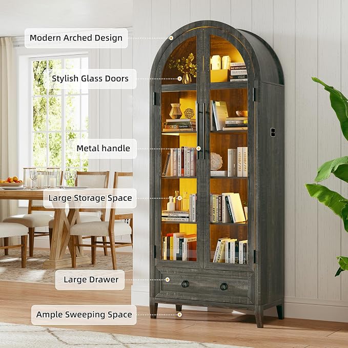 HNEBC Book Shelf with LED Lights, Arched Display Case with Storage Cabinet - Image 7