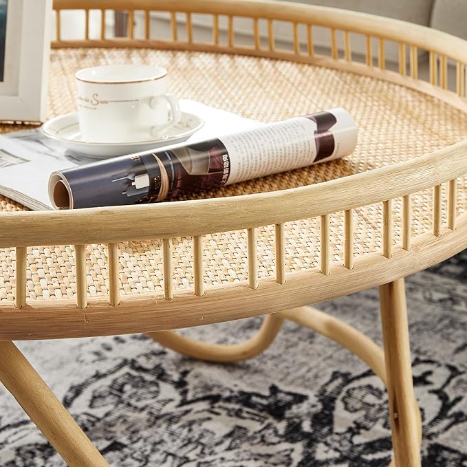 FINECASA Round Rattan Coffee Table, Modern Unique Farmhouse Tray Top Center - Image 5