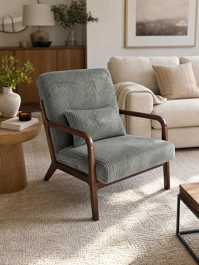 Garvee Mid-Century Modern Accent Chair, Wide-Wale Corduroy Upholstery, Solid by Garvee
