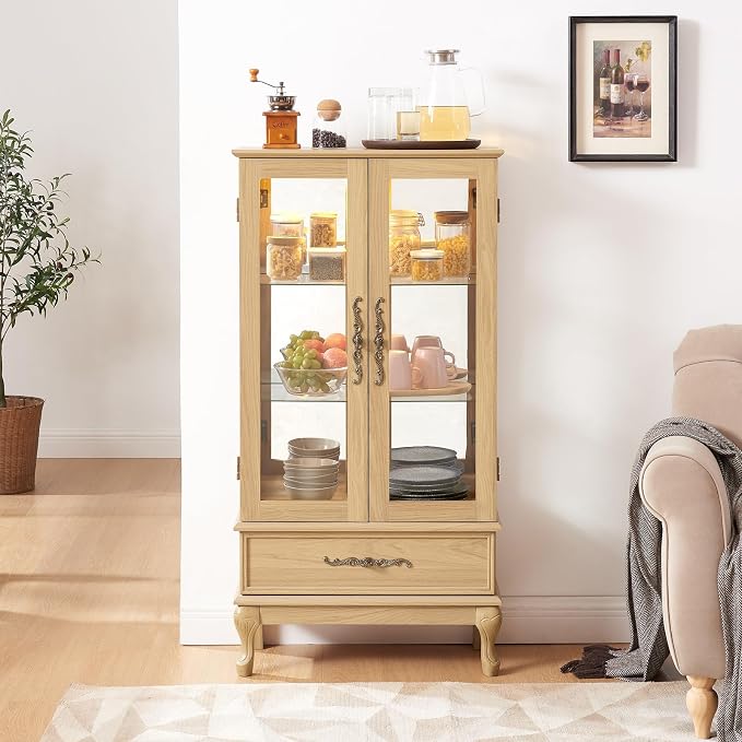 Curio Cabinet with Lighted, Tall Leg Glass Door Antique Cabinet with 1 Drawer by Firscook