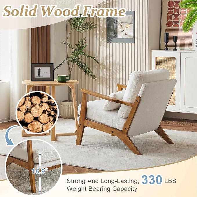 VINGLI Solid Wood Wide Armrests Accent Chair Set of 2, Upholstered Mid Century - Image 4