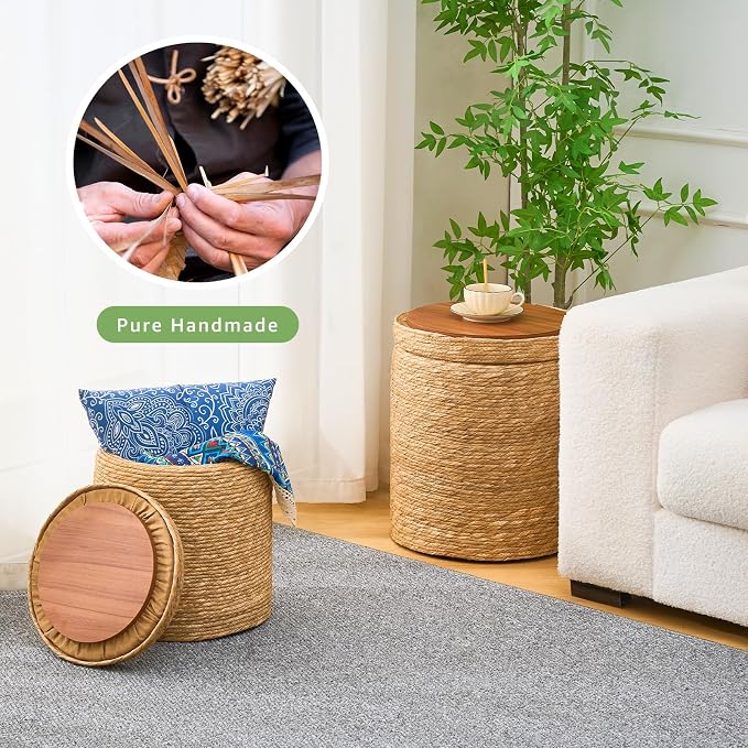 Wimarsbon Round Pouf Ottomans, Handwoven Natural Water Hyacinth Seagrass Pouffe - Image 4