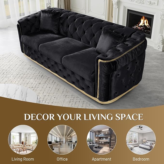 DAMAIFROM Velvet Couch Black and Gold Sofa Luxury Loveseat 84.6" Mid Century - Image 8