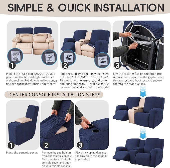 Recliner Loveseat Covers with Console, 6-Piece Stretch Geometric Strokes - Image 8
