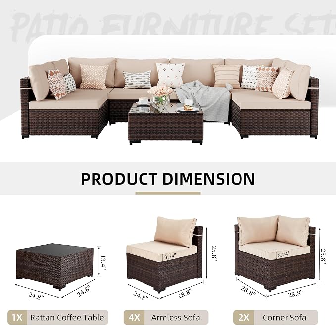 UPHA 7 Pieces Patio Furniture Sets, Wicker Outdoor Sectional Sofa Couch - Image 2
