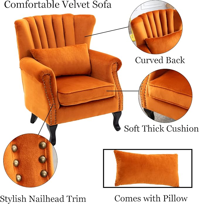 Mid Century Accent Chair Modern Tufted Wingback Armchairs Club Chair Velvet - Image 7