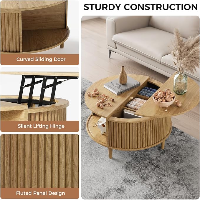 Round Coffee Table with Storage, Fluted Lift Top Coffee Table - Image 4