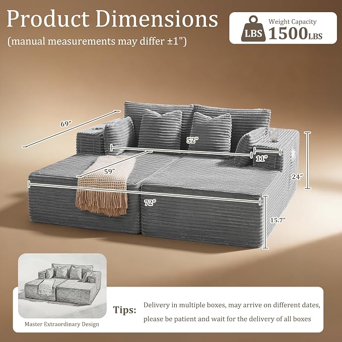 72" Cloud Sectional Couch, Comfort U Shaped Sofa - Image 2
