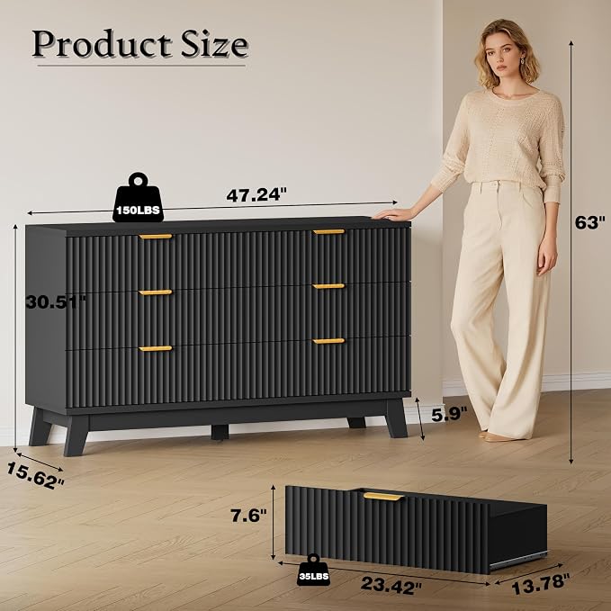 BORNOON Fluted 6 Drawer Dresser, 47.2" Wide Modern Boho Chest of Drawers - Image 2