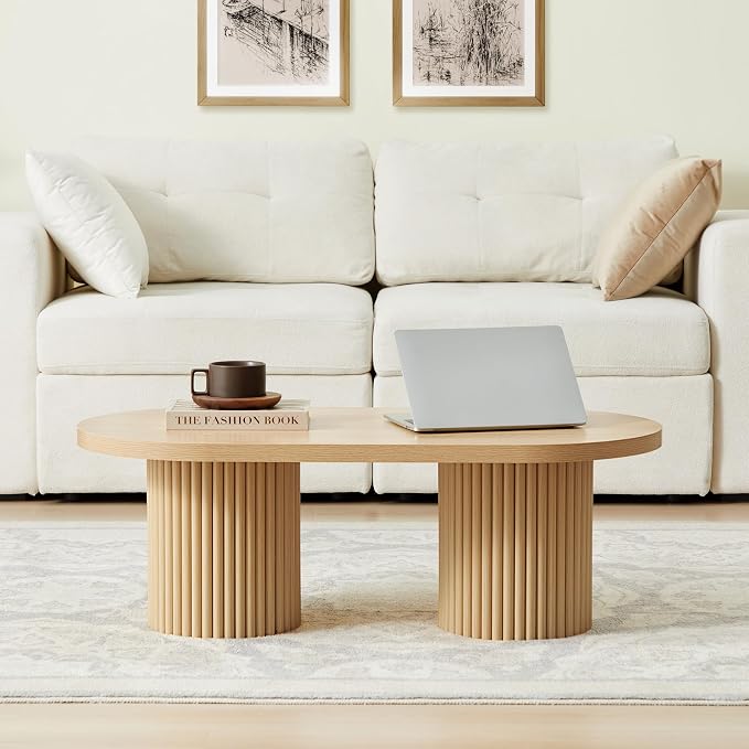 Oval Fluted Coffee Table, Farmhouse Wood Coffee Table Mid Century Modern Center - Image 8