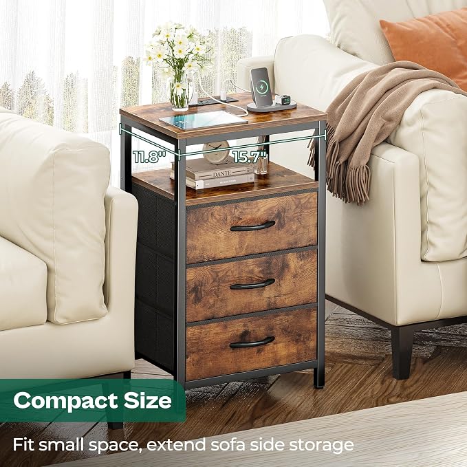 Huuger Nightstand with Charging Station, 27.6 Inch Bedside Table with Fabric - Image 6