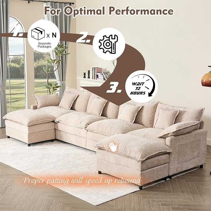 GOSUHI 142.5" U Shaped Couch, Modular Sectional Sofa, 3-Seater Comfy Cloud Couch - Image 7