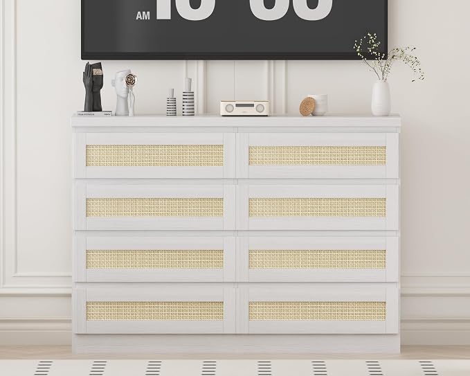 47 Inch Rattan 8 Drawer Dresser, Modern Farmhouse Chest of Drawers, Tv Stand - Image 4