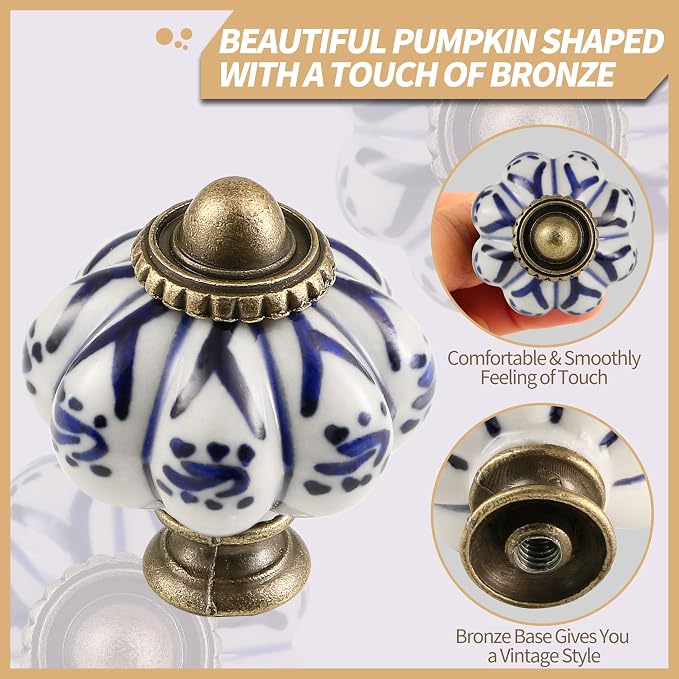 Ivory & Deep Blue Pumpkin Knobs 6 Pack Ceramic Cabinet Knobs Vintage Drawer - Image 3