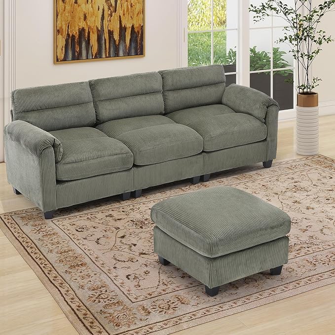 HAOMARKETS Corduroy 2-Piece Sofa Set, Upholstered Ottoman and 3-Seater Sofa by HAOMARKETS