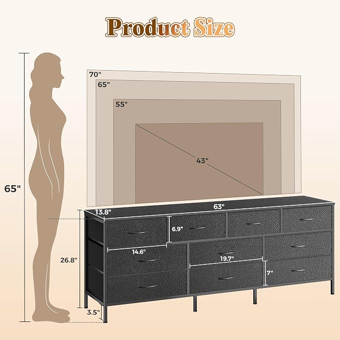 Huuger 63 Inch Dresser for Bedroom, Long Dresser - Image 3