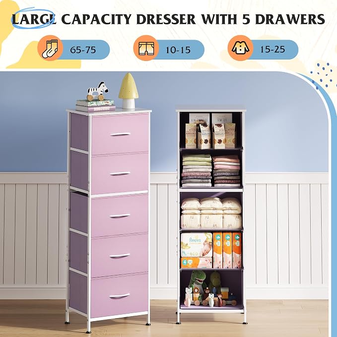 WLIVE Fabric Dresser for Bedroom, 5-Drawer Tall Dressers, Storage Organizer - Image 4