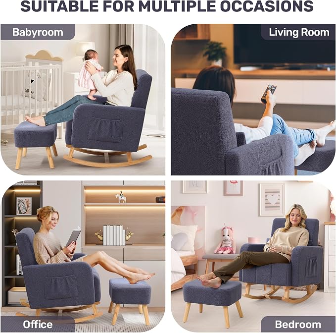 HCHAIRH Rocking Chair with Ottoman, Upholstered Glider Rocker with High - Image 6