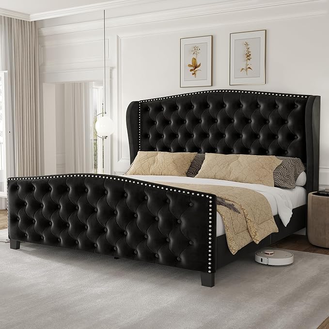 LARMACE Queen Size Bed Frame Velvet Upholstered Platform Bed by LARMACE