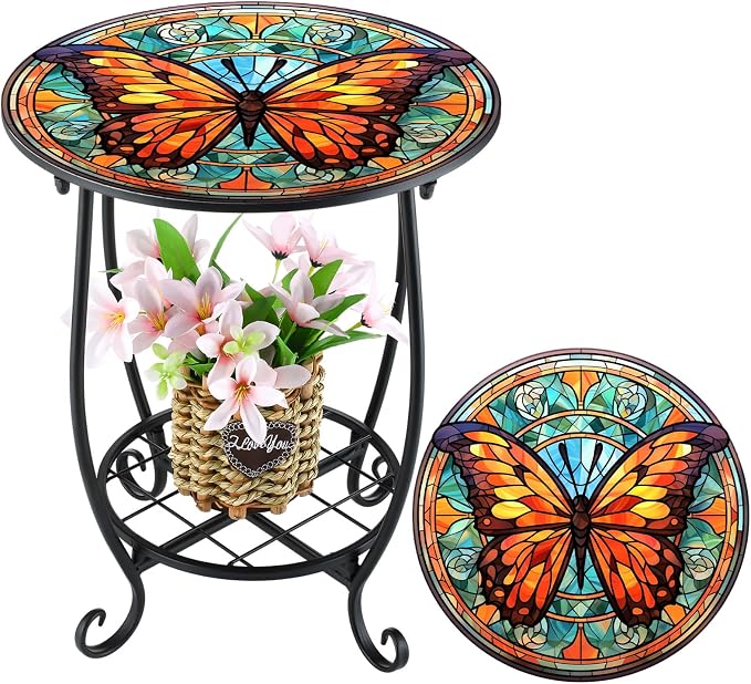 Cinnvoice Outdoor Side Table Round Small Mosaic Patio Accent Indoor End Plant by Cinnvoice
