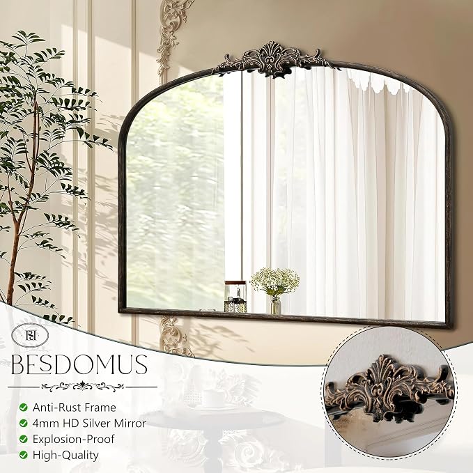 Besdomus Vintage Arched Black Mirror: 40"x29" French Large Arch Antique Wall - Image 7