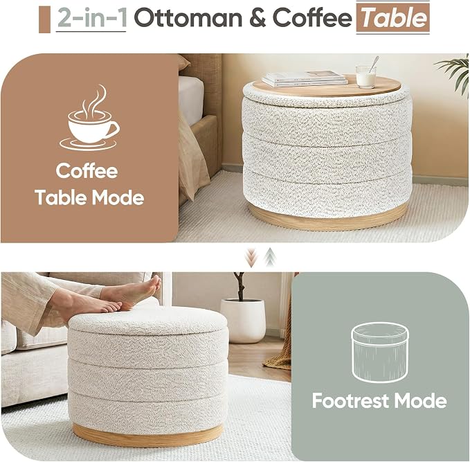 Round Storage Ottoman with Tray Lid, Folding Chenille Fabric Footrest with - Image 5