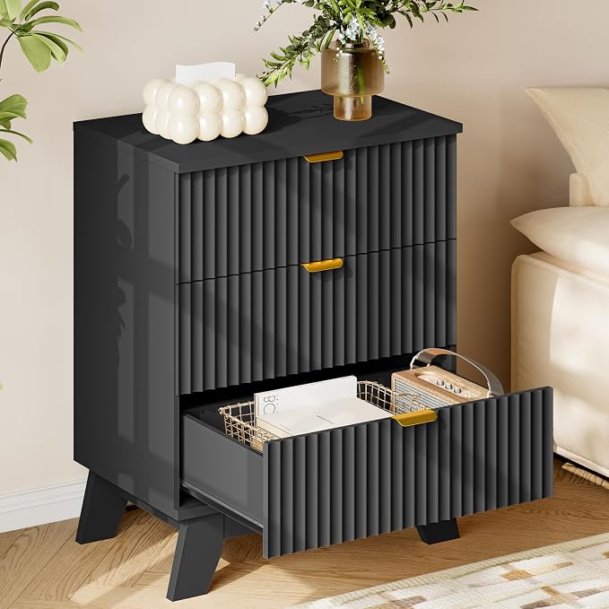 BORNOON 30.5" Nightstand with Charging Station, 3-Drawer Fluted Bedroom Chest - Image 4