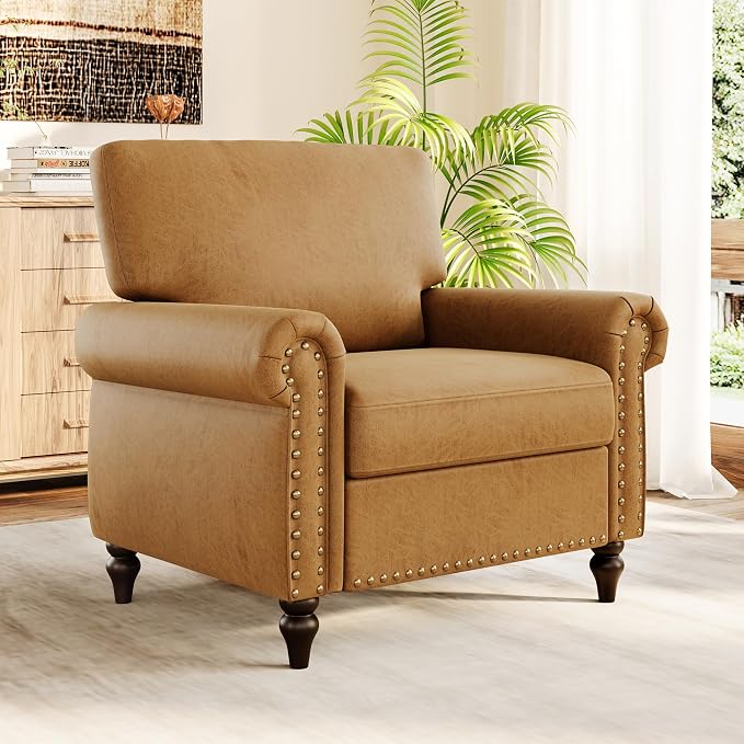 Nailhead Trim Accent Chair, Faux Leahter Mid Century Modern Living Room Arm by ErdoruLiving