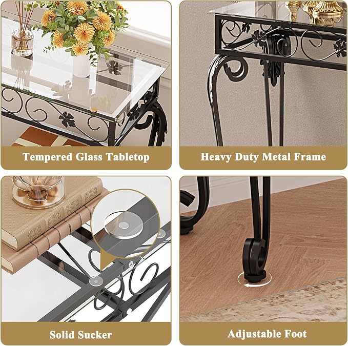 HavenlyYouth Console Table 47.2", Tempered Glass Sofa Tables, Vintage Entryway - Image 4