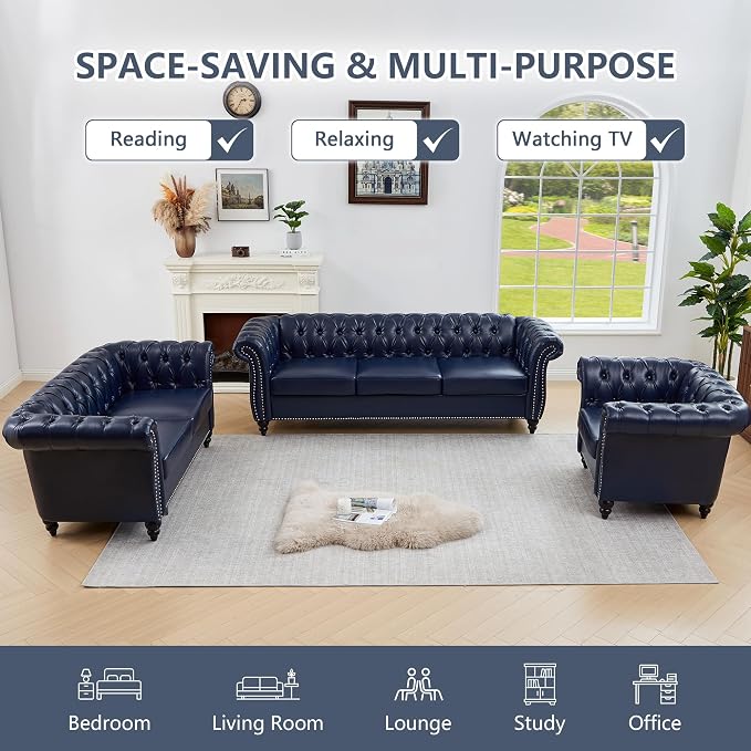 QHITTY 3 Piece Living Room Set, Sectional Chesterfield Sofa Chair Contemporary - Image 4