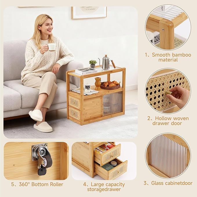 Tiita Rattan Nightstand Side Table, Bamboo Accent Bedside Tables, Glass Coffee - Image 4