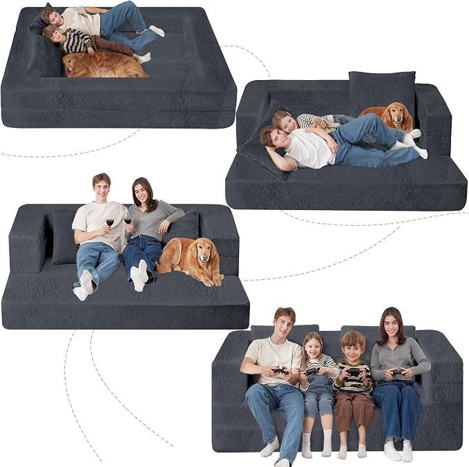 Folding Bean Bag Chair for Adults, 3-in-1 Bean Bag Couch Faux Fur Floor Sofa - Image 9