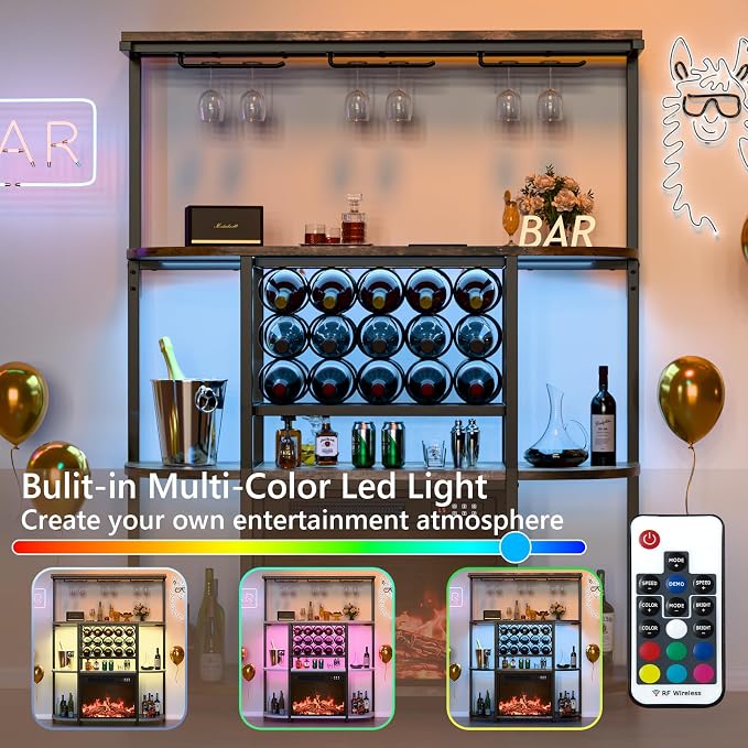 PUKAMI Bar Cabinet with Fireplace, Home Mini Bar Cabinet with Power Outlet and - Image 3