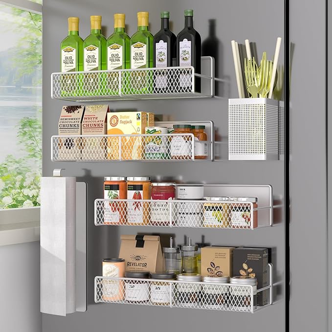 Magnetic Spice Rack for Refrigerator, 6 Pack Metal Magnetic Shelf White by DTUQYX