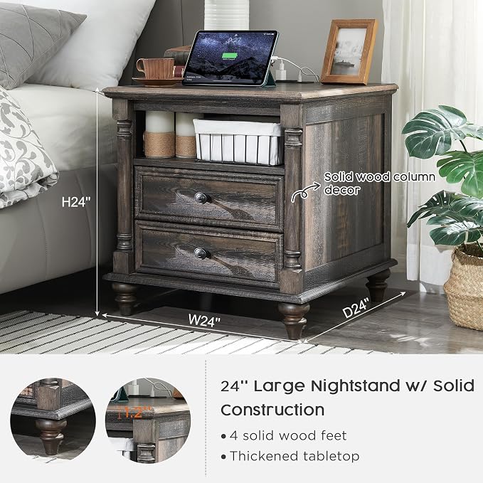 T4TREAM 24'' Farmhouse End Table w/4 Solid Wood Feet Set of 2, Large 2 Drawers - Image 2