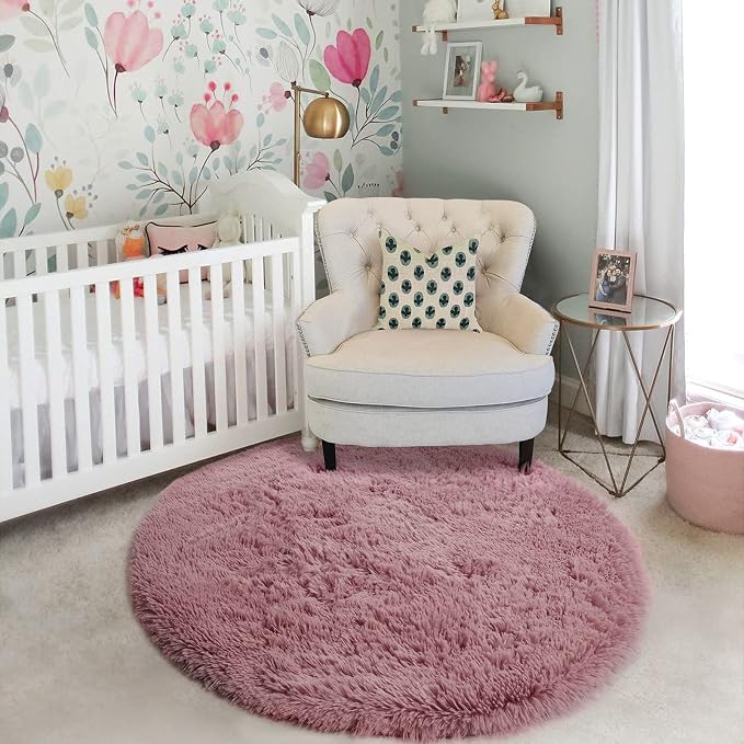 Blush Pink Big Round Rug 8Ft for Kids Bedroom, Large Fluffy Fuzzy Furry Circle - Image 8
