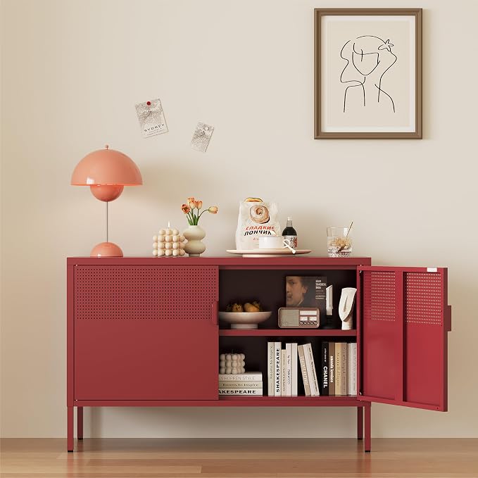 Metal Storage Cabinet, 2 Door TV Stand, Metal Mesh Accent Cabinet, Magnetic - Image 7