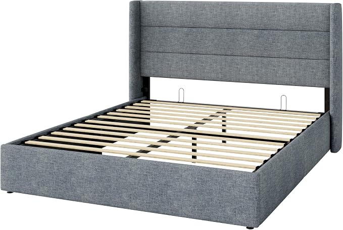 Allewie Full Size Lift Up Storage Bed, Modern Wingback Headboard, Hydraulic - Image 9